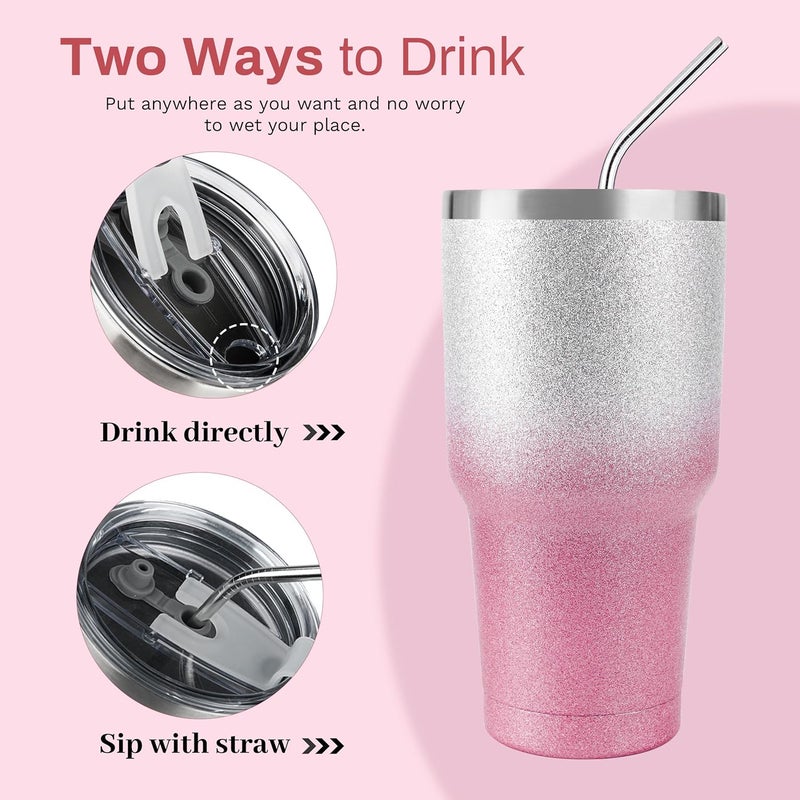 DS 30 oz Tumbler Pink Glitter Gradient Cup Stainless Steel Double Wall Vacuum Insulated Mug with Straw and Lid, Cleaning Brush for Cold and Hot Beverages - Image 2