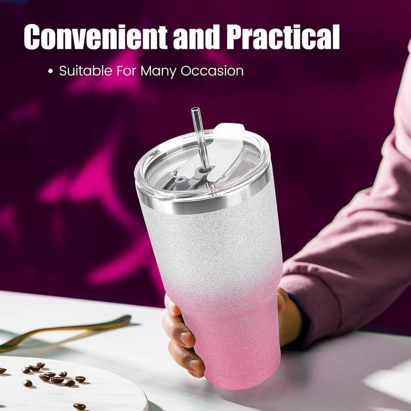 DS 30 oz Tumbler Pink Glitter Gradient Cup Stainless Steel Double Wall Vacuum Insulated Mug with Straw and Lid, Cleaning Brush for Cold and Hot Beverages - Image 4