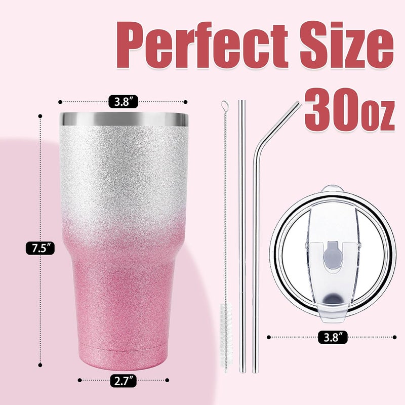 DS 30 oz Tumbler Pink Glitter Gradient Cup Stainless Steel Double Wall Vacuum Insulated Mug with Straw and Lid, Cleaning Brush for Cold and Hot Beverages - Image 1