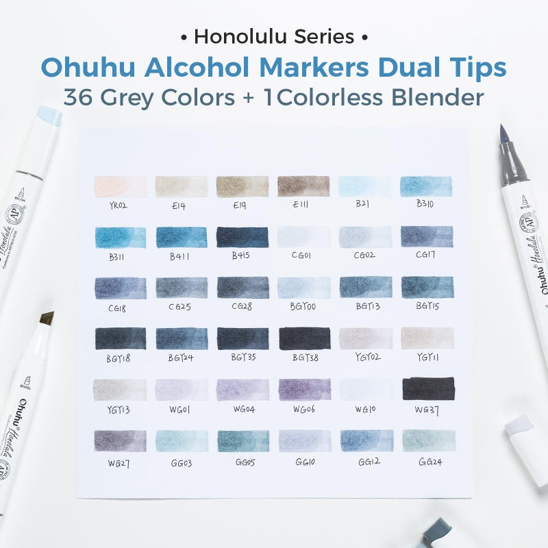 Ohuhu Grayscale Alcohol Markers Brush Tip- Double Tipped Alcohol Based Art Marker Set for Artist Adults Coloring Illustration Shading Layering- 36 Grey-tone Colors- Chisel& Brush- Honolulu- Refillable - Image 5