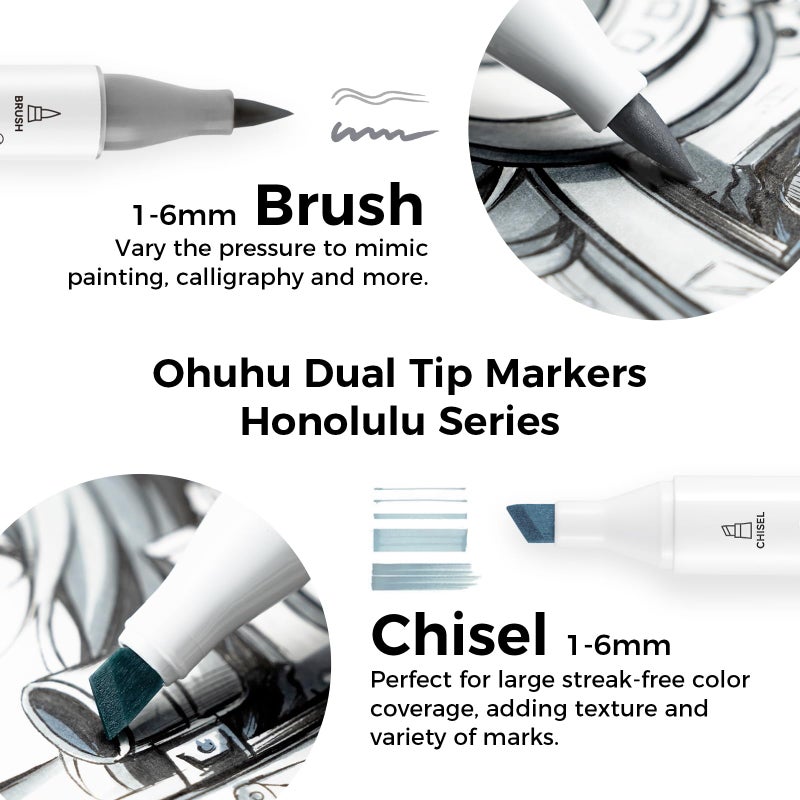 Ohuhu Grayscale Alcohol Markers Brush Tip- Double Tipped Alcohol Based Art Marker Set for Artist Adults Coloring Illustration Shading Layering- 36 Grey-tone Colors- Chisel& Brush- Honolulu- Refillable - Image 2