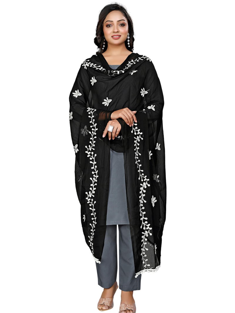 KEMZA Women's Chiffon Phulkari Floral Dupatta with Lace Border – Soft & Lightweight (BW) - Image 3