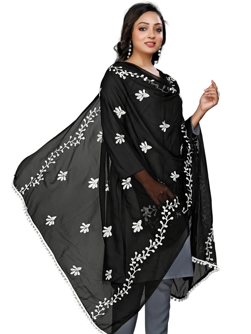 KEMZA Women's Chiffon Phulkari Floral Dupatta with Lace Border – Soft & Lightweight (BW) - Image 2