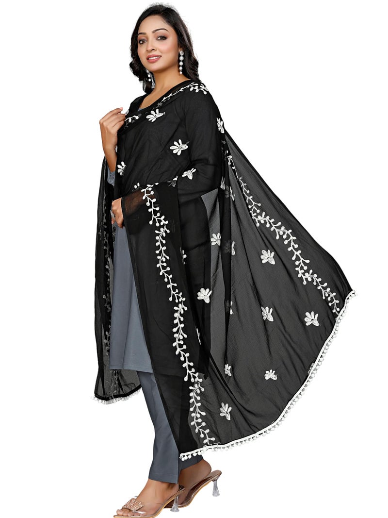 KEMZA Women's Chiffon Phulkari Floral Dupatta with Lace Border – Soft & Lightweight (BW) - Image 1