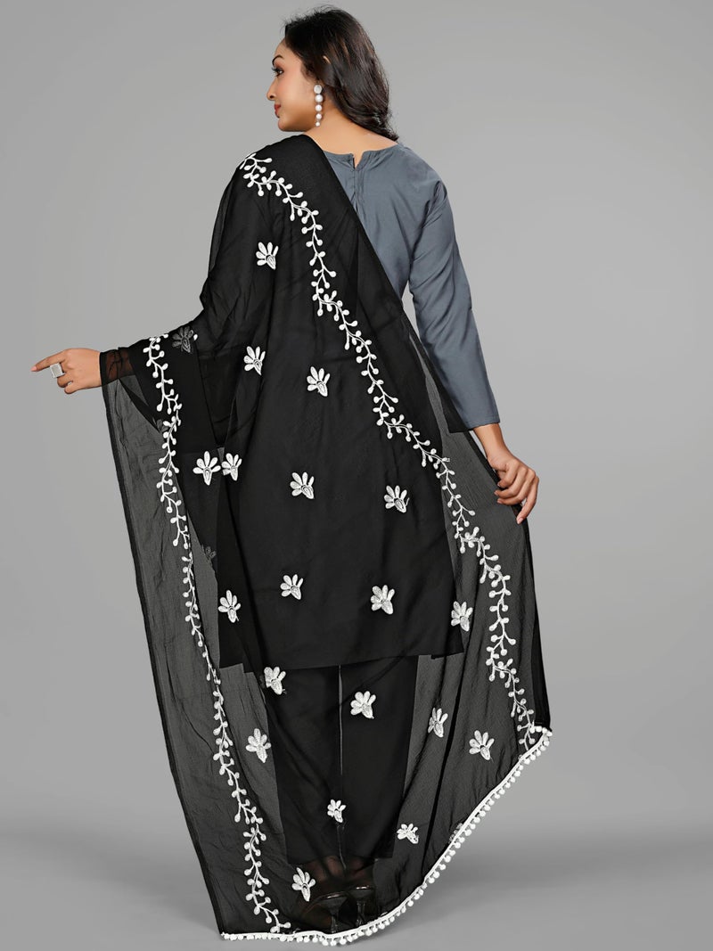 KEMZA Women's Chiffon Phulkari Floral Dupatta with Lace Border – Soft & Lightweight (BW) - Image 4
