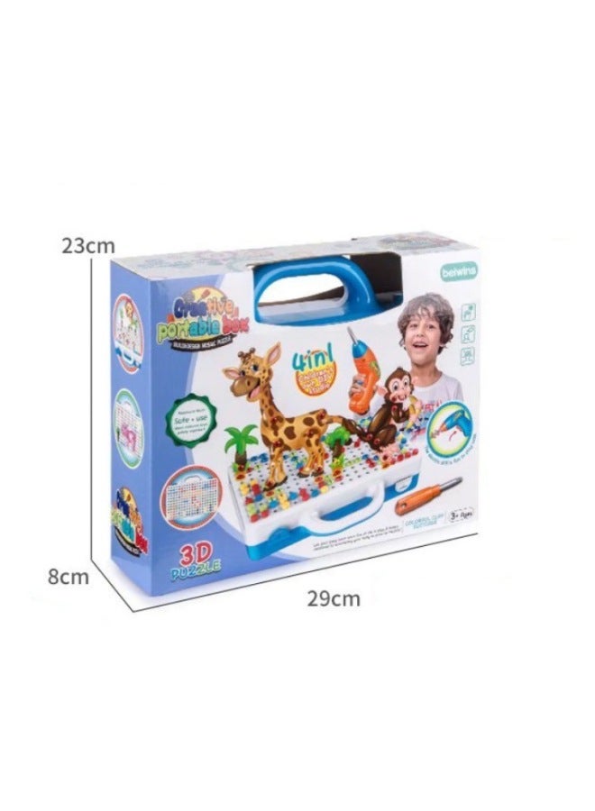 مثقاب يدوي ثلاثي الأبعاد تجميع 225 قطعة للأطفال DIY برغي تويست تجميع نمط الحيوان محاكاة أداة الحفر الكهربائية لعبة-اللون: افتراضي - Image 2