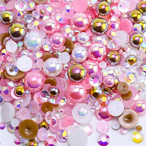 Briskbloom 3620PCS 2mm-10mm Flatback Pearls and Rhinestones Mix for Crafts, Nails, Face Art, Tumblers - Jelly Rhinestones and Half Pearls, with Tweezers and Wax Pen - Pink, Brown, White - Image 1
