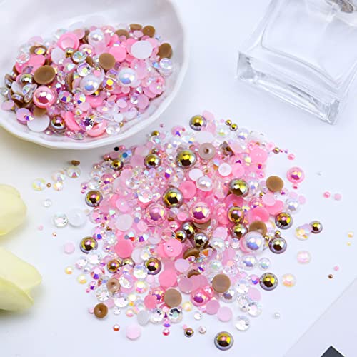 Briskbloom 3620PCS 2mm-10mm Flatback Pearls and Rhinestones Mix for Crafts, Nails, Face Art, Tumblers - Jelly Rhinestones and Half Pearls, with Tweezers and Wax Pen - Pink, Brown, White - Image 3