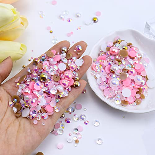 Briskbloom 3620PCS 2mm-10mm Flatback Pearls and Rhinestones Mix for Crafts, Nails, Face Art, Tumblers - Jelly Rhinestones and Half Pearls, with Tweezers and Wax Pen - Pink, Brown, White - Image 2