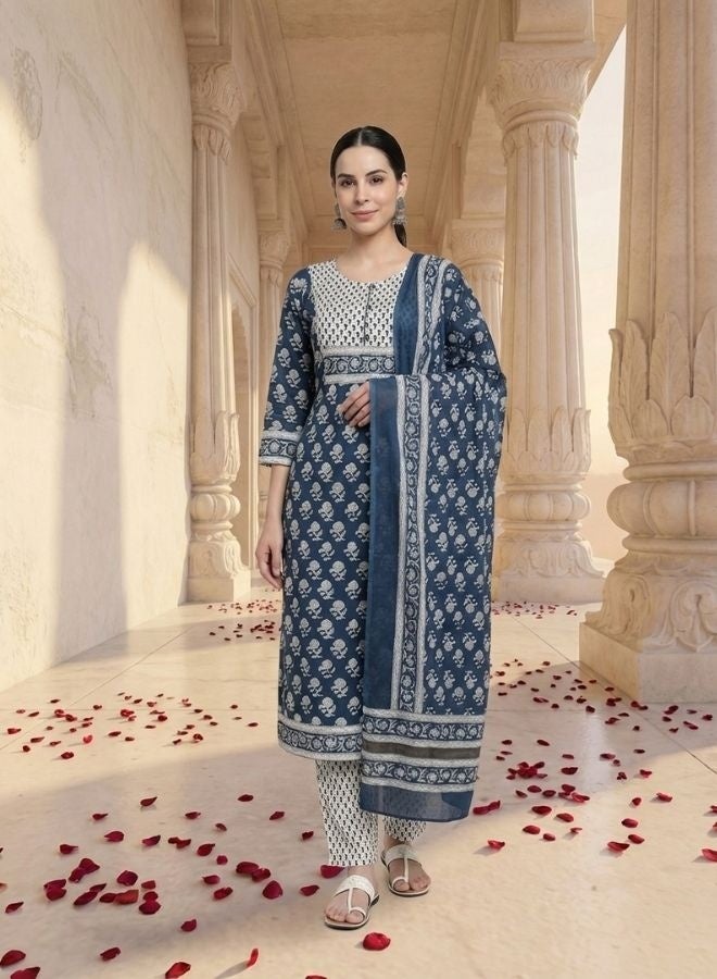 Yuris Women Blue  White Ethnic Motifs Print Pure Cotton Kurta with Trousers  Dupatta - Image 1