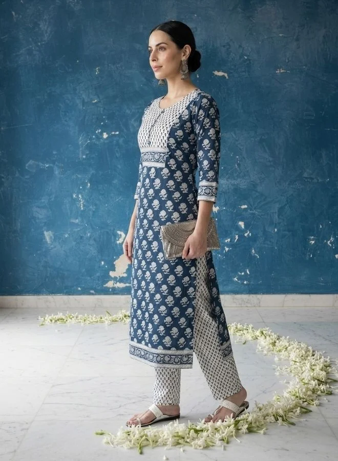 Yuris  Yuris Women Blue  White Ethnic Motifs Print Pure Cotton Kurta with Trousers  Dupatta for Women | Best Price UAE
