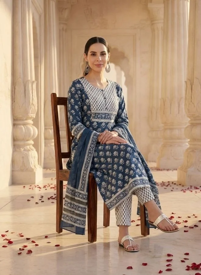 Yuris  Yuris Women Blue  White Ethnic Motifs Print Pure Cotton Kurta with Trousers  Dupatta for Women | Best Price UAE
