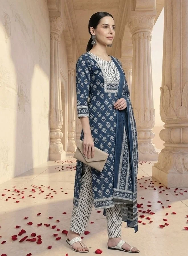 Yuris  Yuris Women Blue  White Ethnic Motifs Print Pure Cotton Kurta with Trousers  Dupatta for Women | Best Price UAE