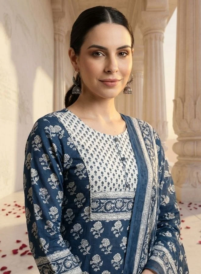 يوريس يوريس نسائي أزرق أبيض مطبوع بلمسة عرقية قطن خالص كورتا مع بنطلون ودوباتا