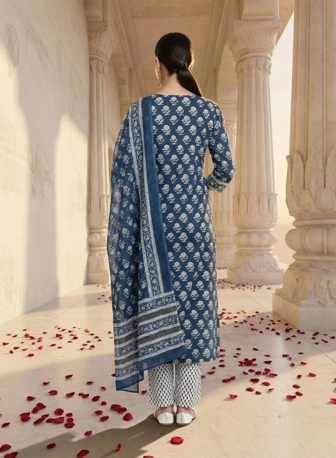 Yuris  Yuris Women Blue  White Ethnic Motifs Print Pure Cotton Kurta with Trousers  Dupatta for Women | Best Price UAE