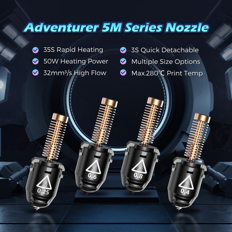 FLASHFORGE Adventurer 5M Nozzle, All Sizes 4-Pack Nozzle Bundle, 280â„ƒ High Flow 32mmÂ³/s Nozzle for Stable High-Speed Printing, Adventurer 5M Pro Hotend, 3S Quick-Detachable Nozzle - Image 2