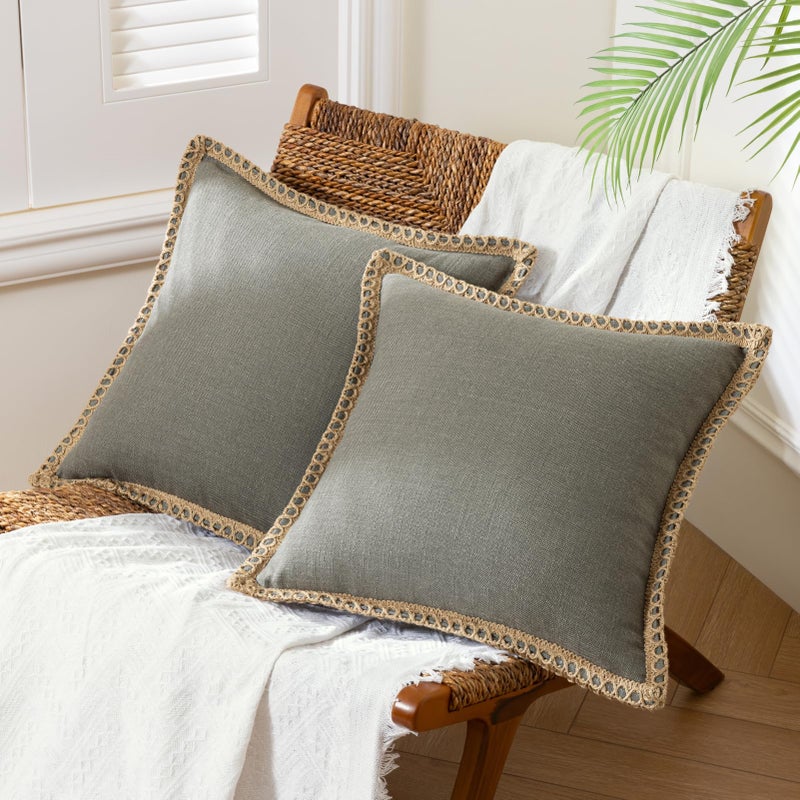 Phantoscope Pack of 2 Farmhouse Decorative Solid Throw Decorative Pillow Cover Burlap Linen Trimmed Tailored Edges Grey 22 x 22 inches, 55 x 55 cm - Image 1