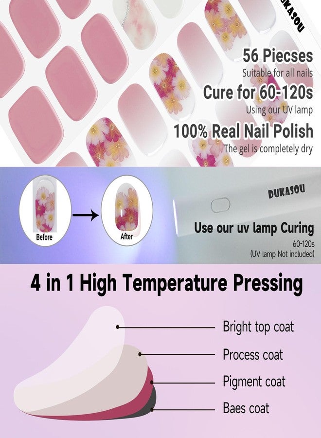 DUKASOU شرائط أظافر جل شبه معالجة DUKASOU 2 مجموعة، (وردي متدرج/زهور) 56 قطعة من لفائف أظافر الجل، ملصقات تعمل مع أي مصابيح UV/LED، تدوم طويلاً، بجودة صالون، سهلة التطبيق - Image 5