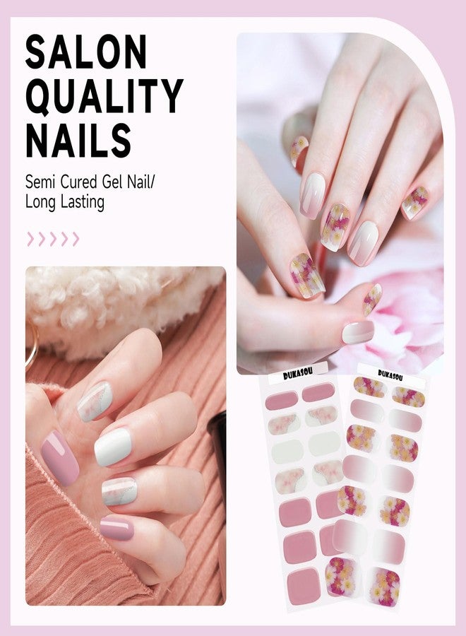 DUKASOU شرائط أظافر جل شبه معالجة DUKASOU 2 مجموعة، (وردي متدرج/زهور) 56 قطعة من لفائف أظافر الجل، ملصقات تعمل مع أي مصابيح UV/LED، تدوم طويلاً، بجودة صالون، سهلة التطبيق - Image 3