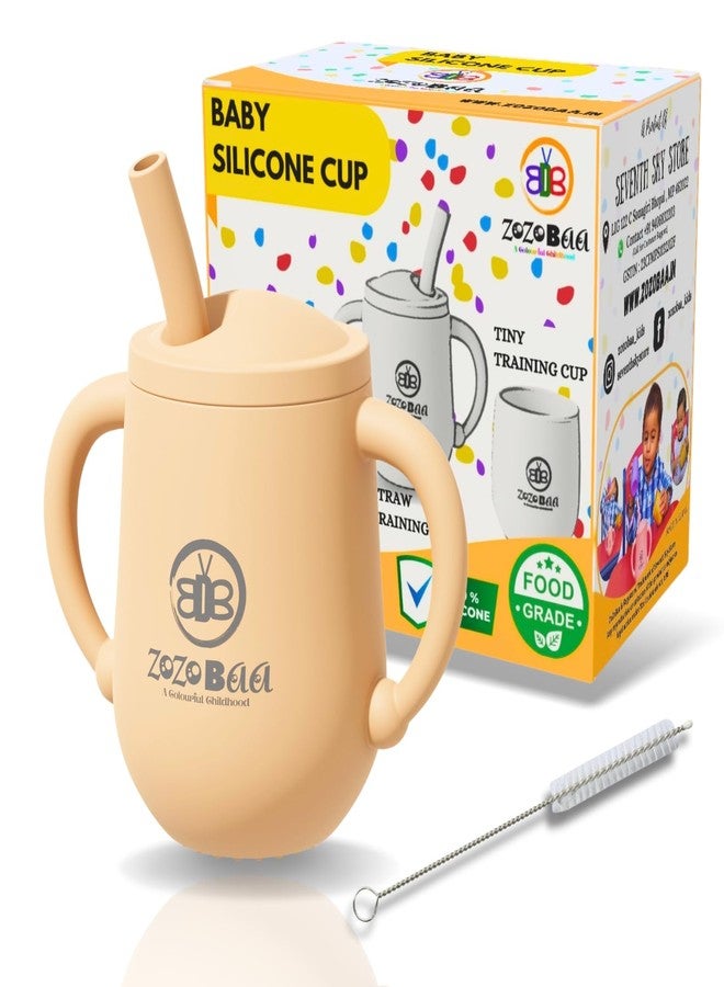 ZoZoBaa Small Silicone Drinking Training Sippy Cup/Glass with Straw, Lid & Easy Grip Handles for Toddlers| Unbreakable 3 in 1-Open,Feeding & Sipper Cup for Kids/Baby 6+ Month, Cream - 120 ML - Image 1