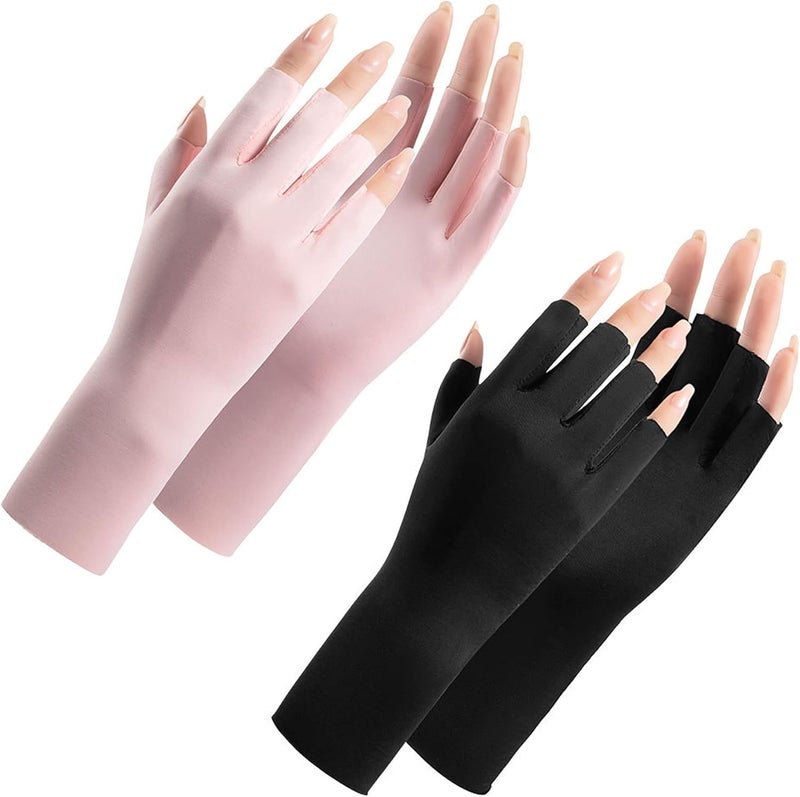 Fingerless Cooling Gloves: 2 Pairs Pink Black, UPF 50+ UV Protection, Breathable Ice Silk Fabric - Non-Slip Secure Grip, Lightweight Stretchy Design for Drivers Cyclists Outdoor Activities - Image 1