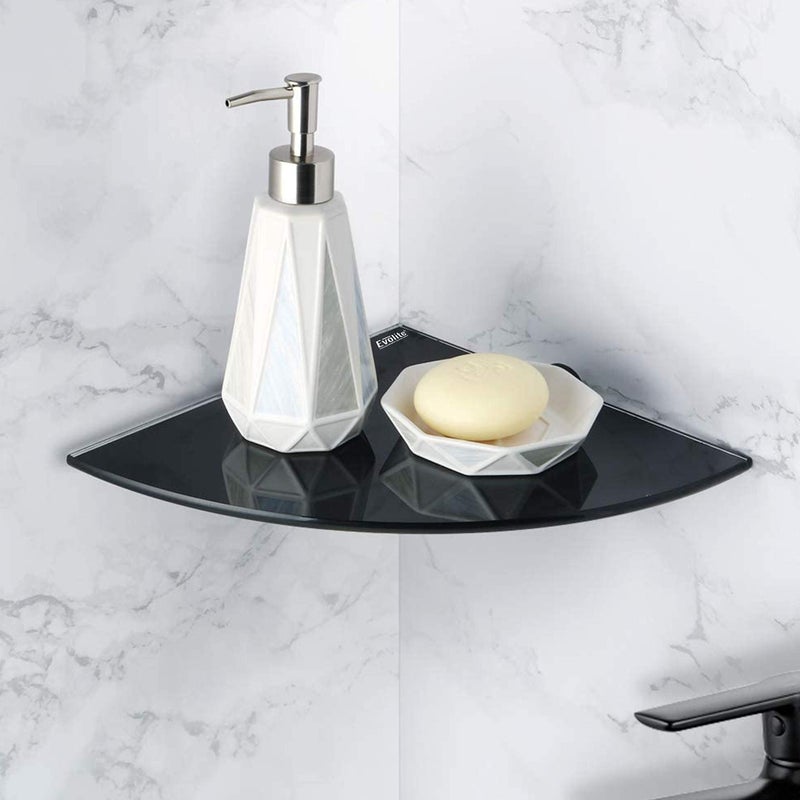 Evolite رف زجاجي زاوي أسود مقسى من إيفوليت للمطبخ والحمام ورفوف زجاجية متعددة الأغراض مع ملحقات تخزين مثبتة مع حوامل ملائمة - رف زجاجي مقسى بسمك 8 مم (9 × 9 بوصة) (عبوة من 1) - Image 1