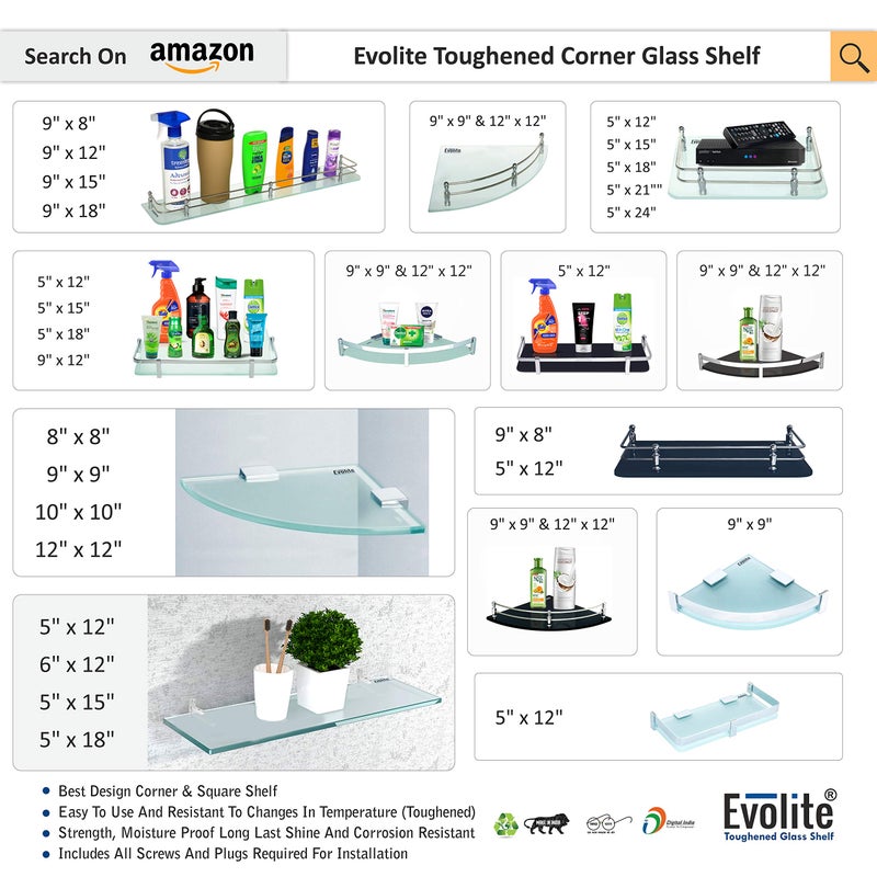 Evolite رف زجاجي زاوي أسود مقسى من إيفوليت للمطبخ والحمام ورفوف زجاجية متعددة الأغراض مع ملحقات تخزين مثبتة مع حوامل ملائمة - رف زجاجي مقسى بسمك 8 مم (9 × 9 بوصة) (عبوة من 1) - Image 4