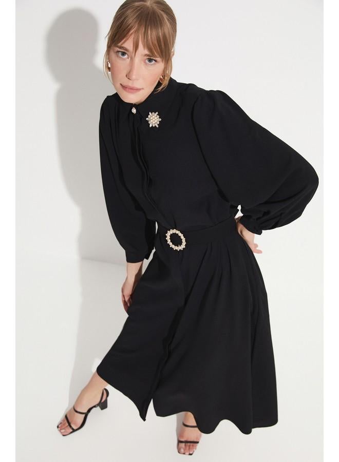 جون فستان ميدي أسود بحزام - Image 2