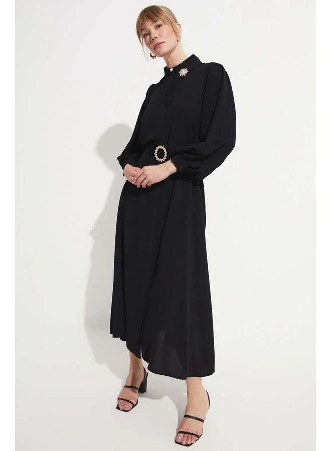 جون Belted Black Midi Dress