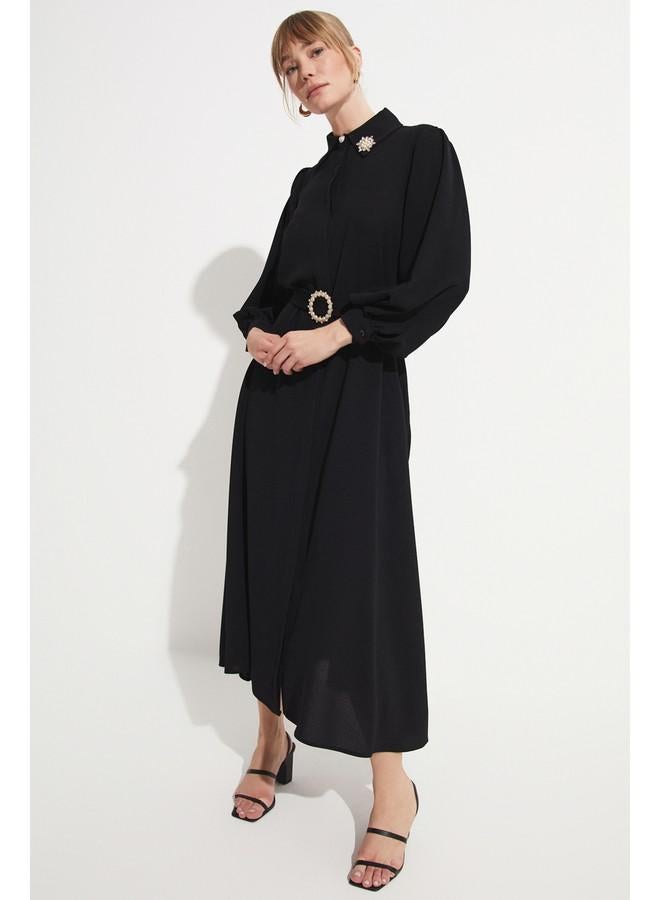 جون فستان ميدي أسود بحزام - Image 4