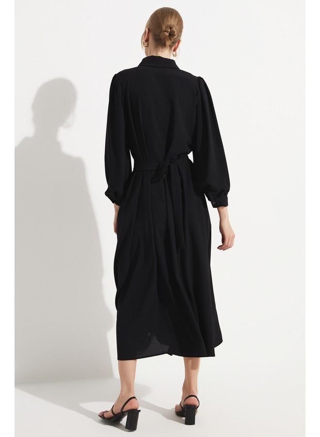 جون فستان ميدي أسود بحزام - Image 5