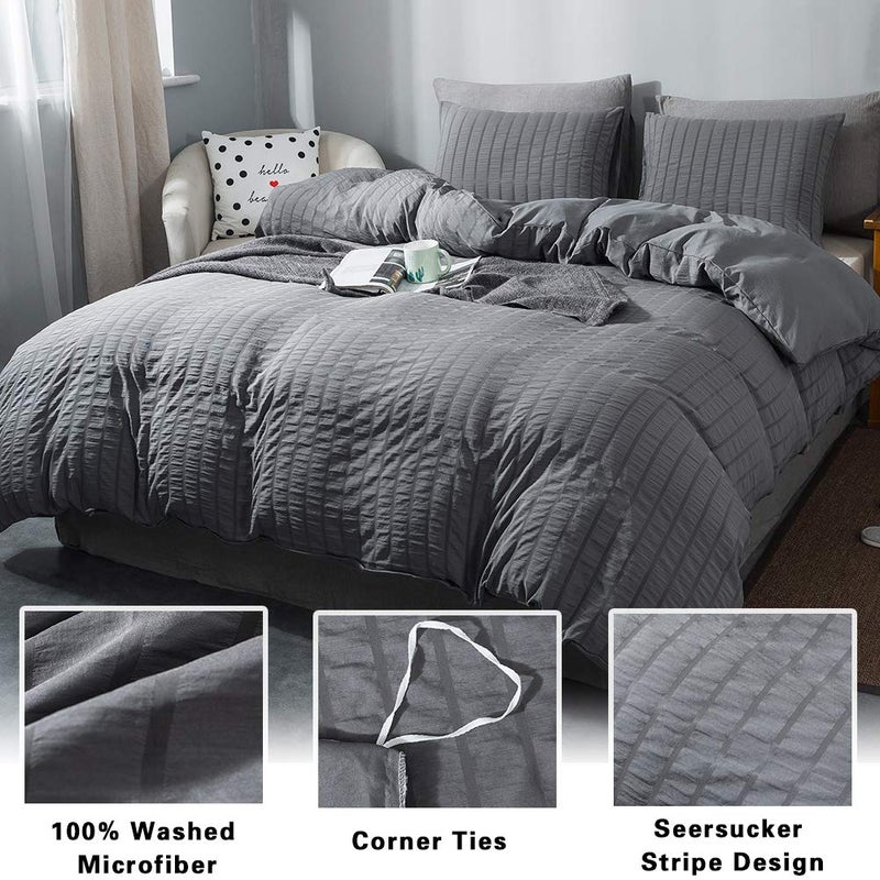 AveLom Seersucker Duvet Cover Set King Size (104 x 90 inches), 3 Pieces (1 Duvet Cover + 2 Pillow Cases), Dark Gray Ultra Soft Washed Microfiber, Textured Duvet Cover with Zipper Closure, Corner Ties - Image 2