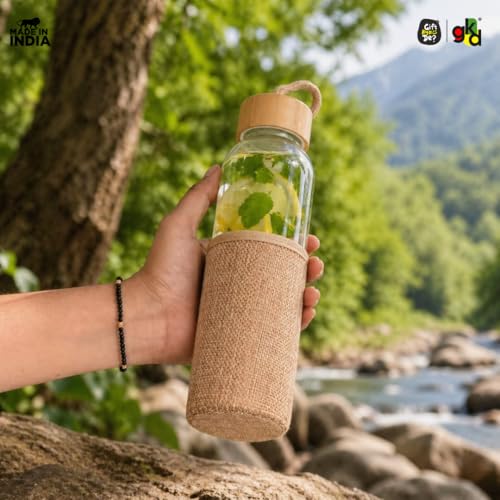 Gift Kya De Glass Water Bottle with Bamboo Spill-Proof Cap & Jute Sleeve 500 ML | GKD Eco-Friendly & Reusable | BPA Free | Leak-Proof | Travel Friendly | New Year Gift - Image 2