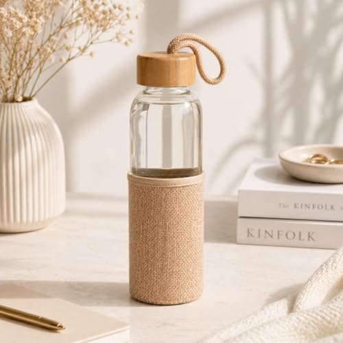 Gift Kya De Glass Water Bottle with Bamboo Spill-Proof Cap & Jute Sleeve 500 ML | GKD Eco-Friendly & Reusable | BPA Free | Leak-Proof | Travel Friendly | New Year Gift - Image 1