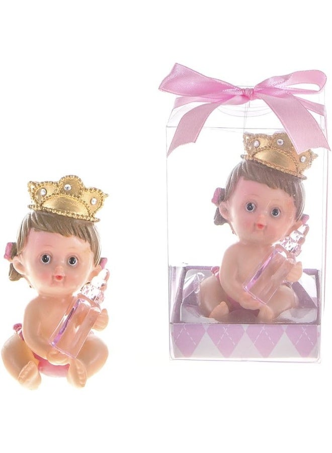 Baby Keepsake - Set of 12 Girl Baby Wearing Crown Holding Baby Bottle Favors - Pink