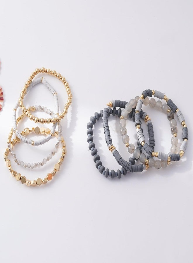GOOJIDS Simple Beaded Bangles Bracelet Chunky Bamboo Tube Curved Stacking Clear Acrylic Colorful Beads Stretchable Gold Bracelets Set Gift For Women - Image 2