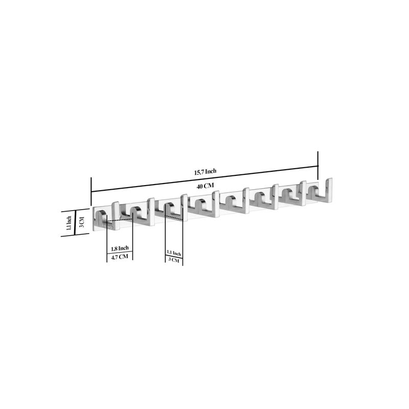 FERIO 8 Pin Aluminium Cloth Hanger Door Wall Hooks Rail for Hanging Clothes, Towel Hook Set/Bathroom Cloth Hanger Robe Wall Door Hooks Rail for Hanging Keys (Chrome, Pack of 1) - Image 2