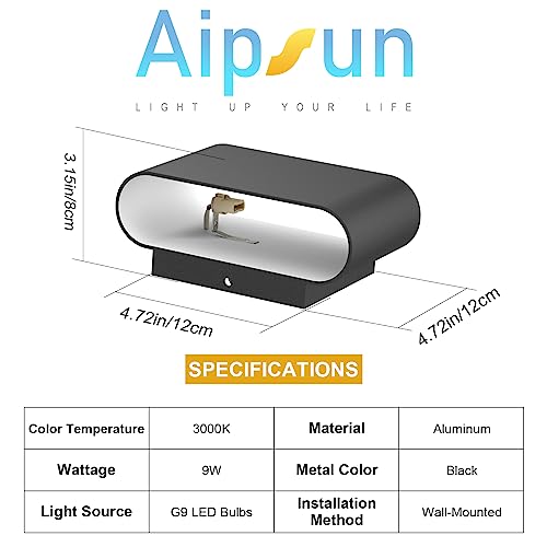 Aipsun Black LED Wall Sconces 1 Pack Indoor Modern Wall Lights Hardwired Up and Down Interior Wall Mount Light for Living Room Bedroom Hallway Warm White 3000K(with G9 Bulbs) - Image 2