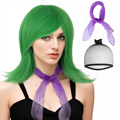 BESTBEL+ Hair Cap + 1 Scarf + Short Green Wig for Women Anime Cosplay Green Bob Wig with Bangs Sythetic Hair Anime Styled Wigs for Halloween Costume Party Outfit - Image 1