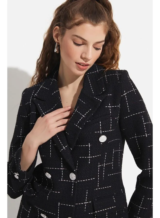 جون June Button Detailed Tweed Blazer Jacket Black