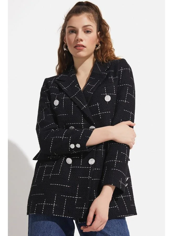 جون June Button Detailed Tweed Blazer Jacket Black