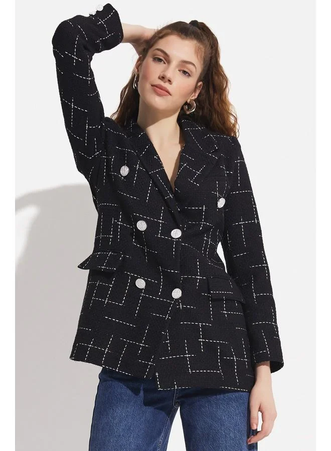 جون June Button Detailed Tweed Blazer Jacket Black