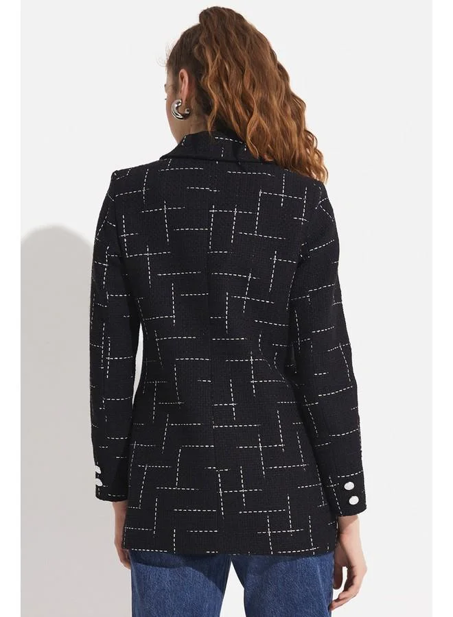 جون June Button Detailed Tweed Blazer Jacket Black