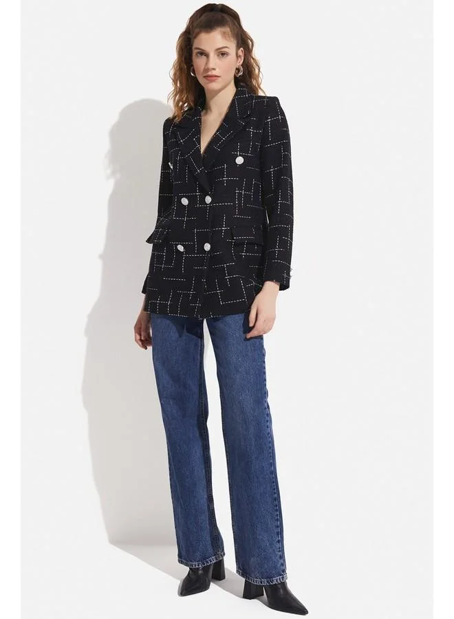 جون June Button Detailed Tweed Blazer Jacket Black