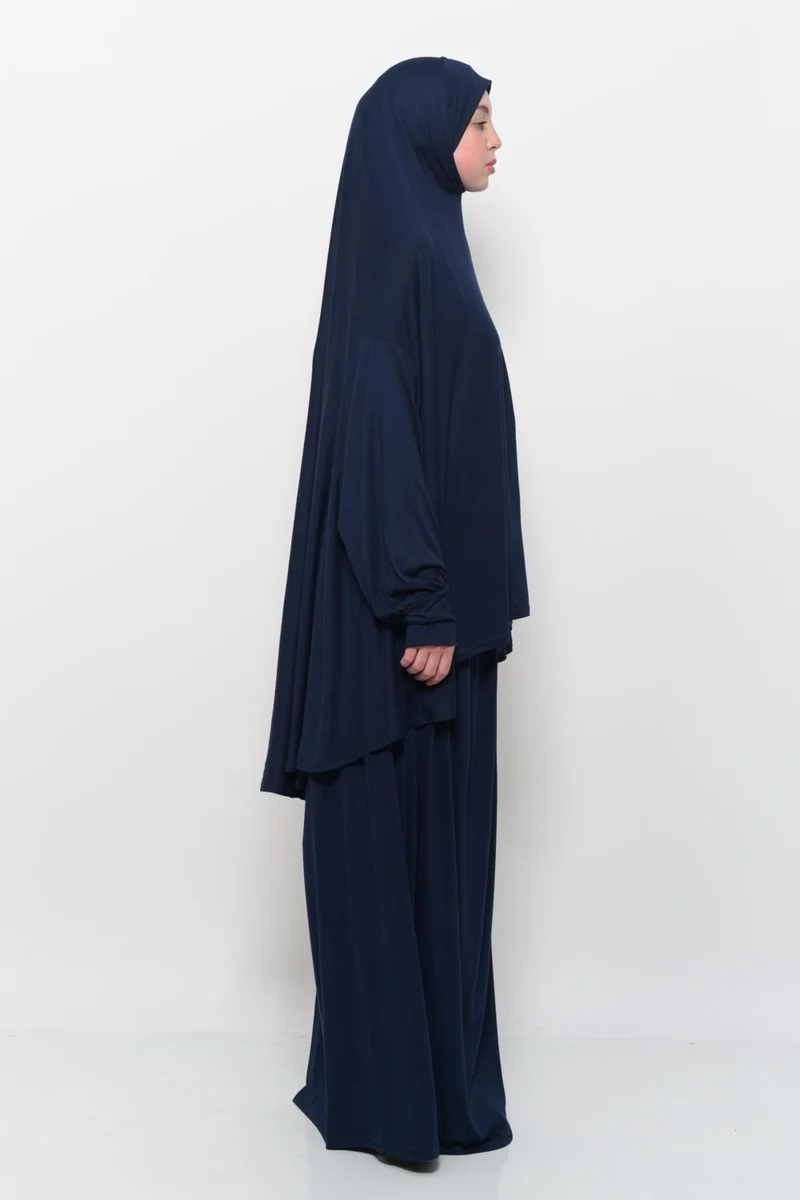 Altobeh Practical Two Piece Cotton Bat Sleeve Headscarf Organic Hijab Prayer Dress-Dark Navy Blue