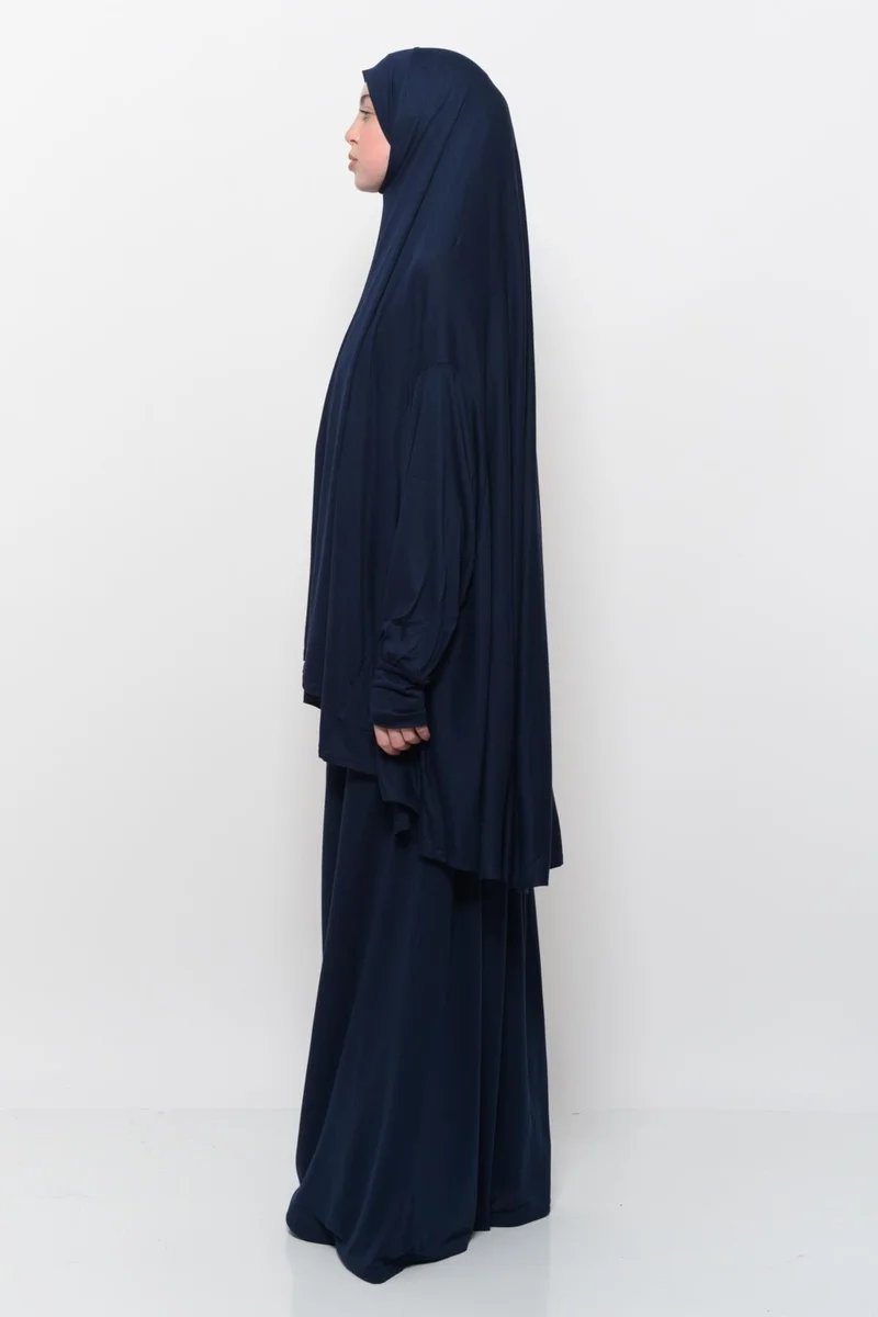 Altobeh Practical Two Piece Cotton Bat Sleeve Headscarf Organic Hijab Prayer Dress-Dark Navy Blue