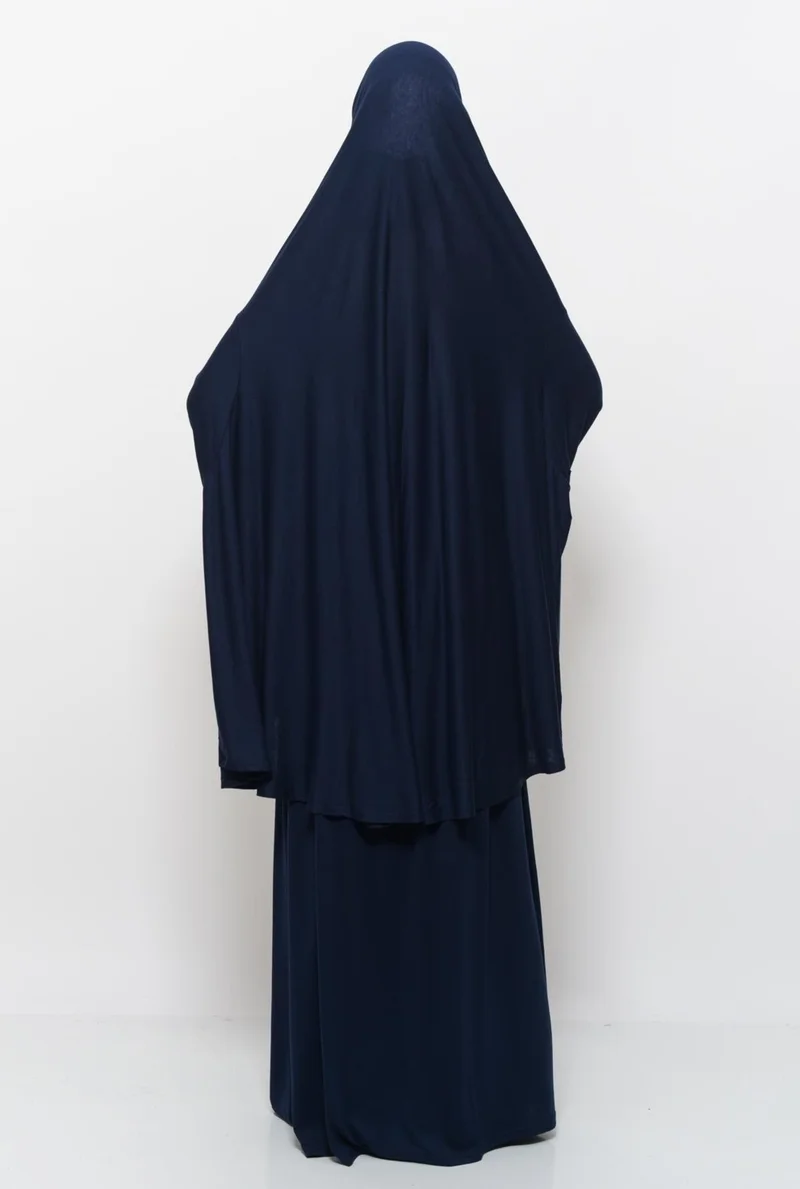 Altobeh Practical Two Piece Cotton Bat Sleeve Headscarf Organic Hijab Prayer Dress-Dark Navy Blue