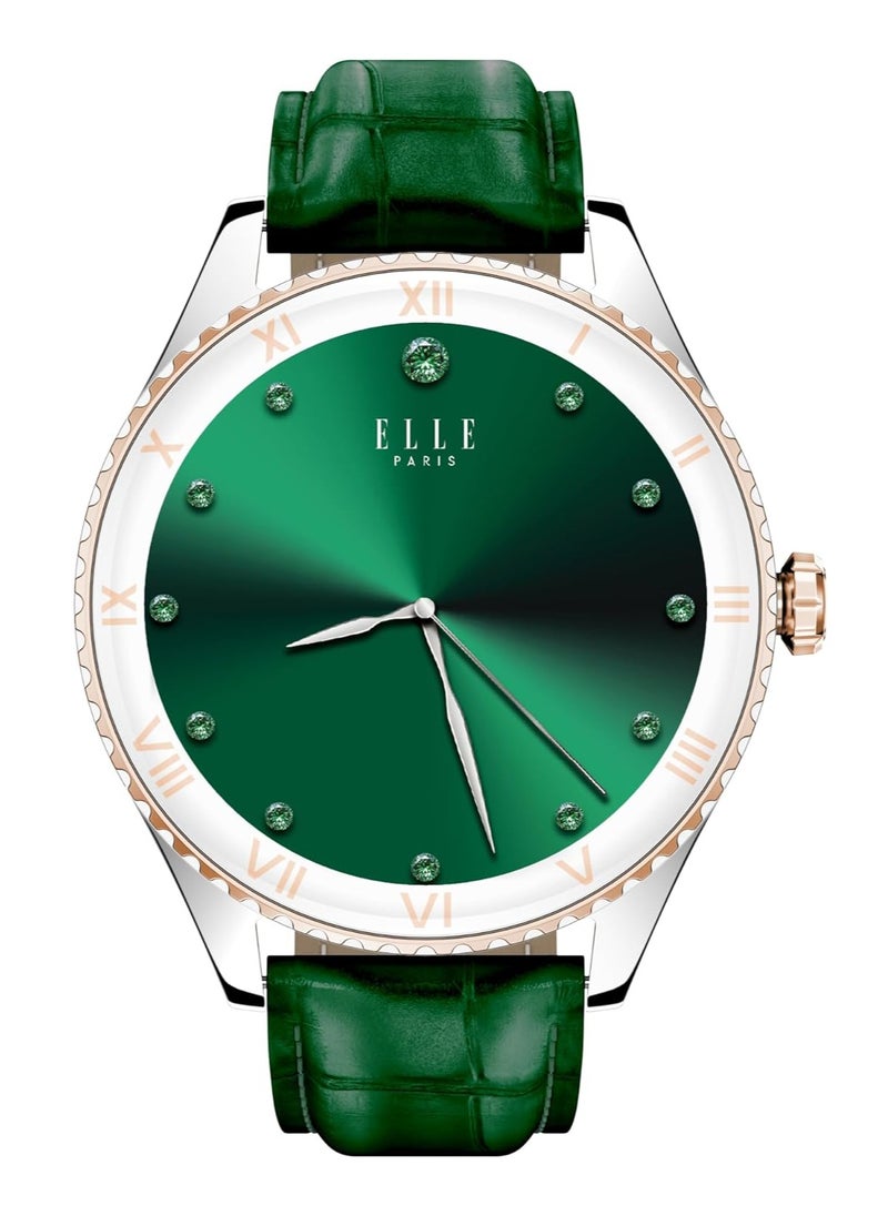 ELLE Elle Soleil Women’s Smartwatch 1.19'' AMOLED, Bluetooth Calling, Multilingual, Wireless Charging, Fitness Tracking, IP68, iOS/Android Compatible, Silver Frame & Green Leather Starp + 2 Premium Straps  - Image 1