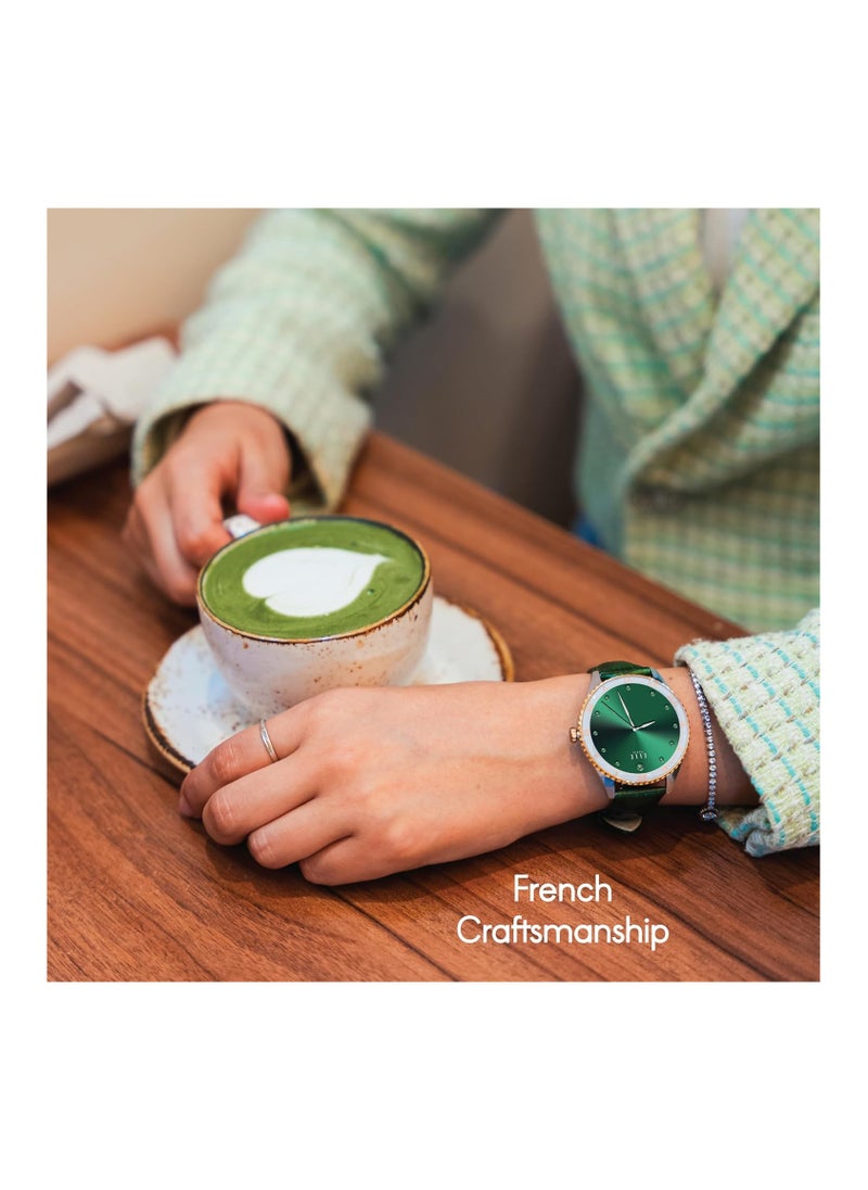 ELLE Elle Soleil Women’s Smartwatch 1.19'' AMOLED, Bluetooth Calling, Multilingual, Wireless Charging, Fitness Tracking, IP68, iOS/Android Compatible, Silver Frame & Green Leather Starp + 2 Premium Straps  - Image 2