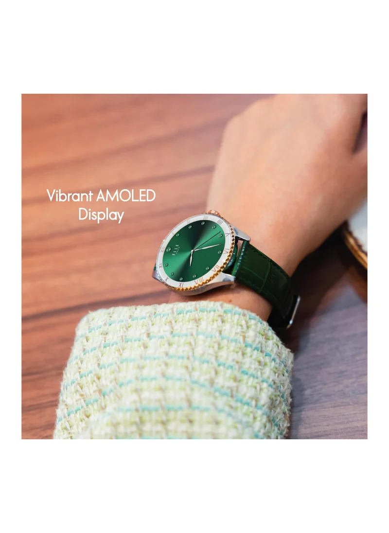 ELLE Elle Soleil Women’s Smartwatch 1.19'' AMOLED, Bluetooth Calling, Multilingual, Wireless Charging, Fitness Tracking, IP68, iOS/Android Compatible, Silver Frame & Green Leather Starp + 2 Premium Straps